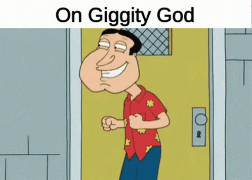 A Cartoon Of A Man Standing In Front Of A Door With The Words " On Giggity God " Above Him GIF