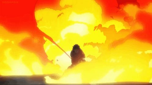 A Cartoon Of A Man Standing In Front Of A Large Fire GIF