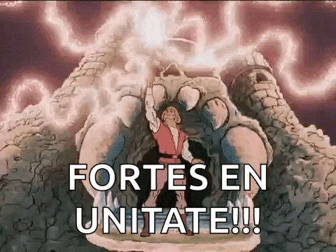 A Cartoon Of A Man Standing In Front Of A Monster With The Words Fortes En Unitate Written On It . GIF