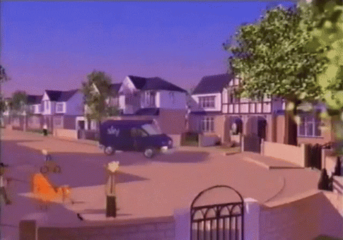 A Cartoon Of A Man Standing In Front Of A Playground With The Word Sky On The Bottom GIF