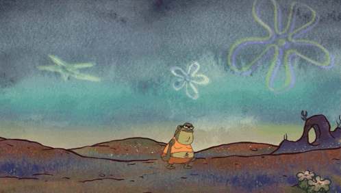 A Cartoon Of A Man Standing In Front Of A Spotlight With Spongebob Squarepants In The Background GIF