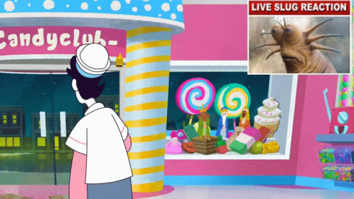 A Cartoon Of A Man Standing In Front Of Candy Club GIF
