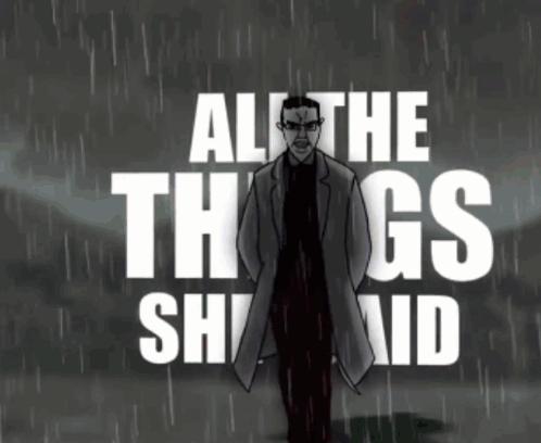 A Cartoon Of A Man Standing In The Rain With The Words All The Thugs Shall Aid GIF