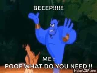 A Cartoon Of A Man Standing Next To A Blue Genie With The Words Beep Me Poof What Do You Need . GIF