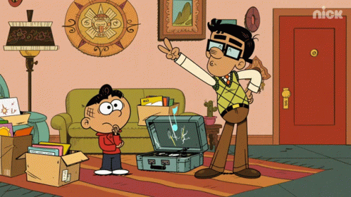 A Cartoon Of A Man Standing Next To A Boy In A Living Room With A Nick Logo On The Door GIF