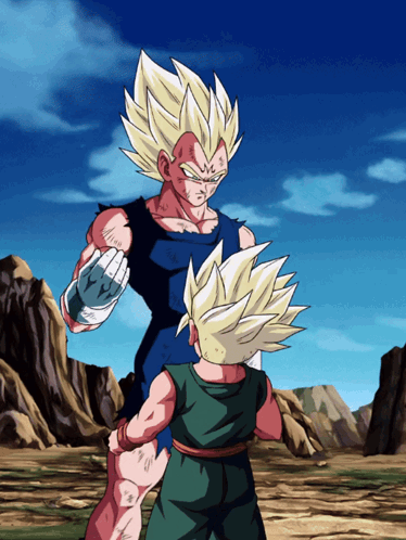 A Cartoon Of A Man Standing Next To A Boy With Blonde Hair GIF