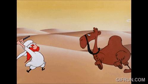 A Cartoon Of A Man Standing Next To A Camel With The Website Gifrun.com At The Bottom Of The Screen GIF