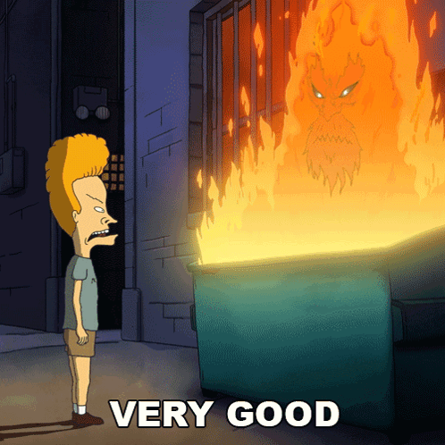 A Cartoon Of A Man Standing Next To A Dumpster With The Words Very Good Written Below Him GIF