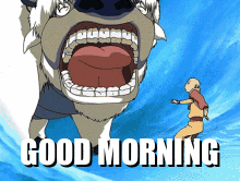 A Cartoon Of A Man Standing Next To A Giant Animal With The Words Good Morning Below It GIF