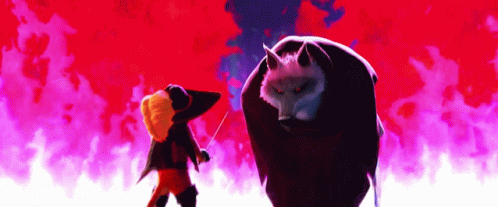 A Cartoon Of A Man Standing Next To A Large Wolf GIF