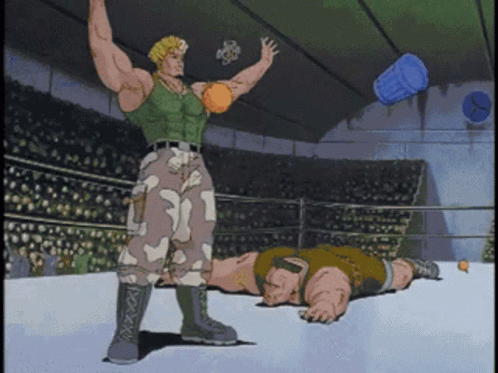 A Cartoon Of A Man Standing Next To A Man Laying On The Floor GIF