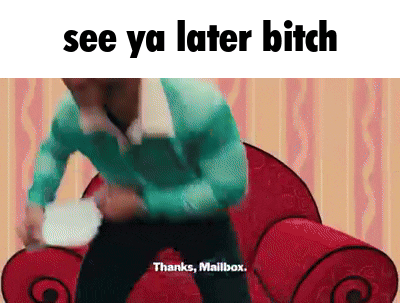A Cartoon Of A Man Standing Next To A Red Chair With The Words See Ya Later Bitch GIF