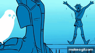 a cartoon of a man standing next to a statue with his arms outstretched and a bird .