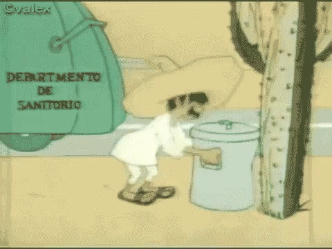 A Cartoon Of A Man Standing Next To A Trash Can . GIF