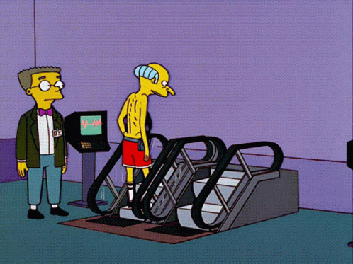 A Cartoon Of A Man Standing Next To An Escalator With A Monitor That Shows A Heartbeat GIF