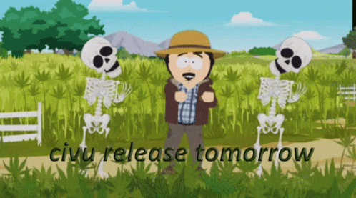 A Cartoon Of A Man Standing Next To Two Skeletons With The Words Civu Release Tomorrow Below Him GIF