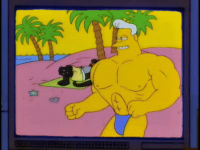 A Cartoon Of A Man Standing On A Beach With Palm Trees GIF