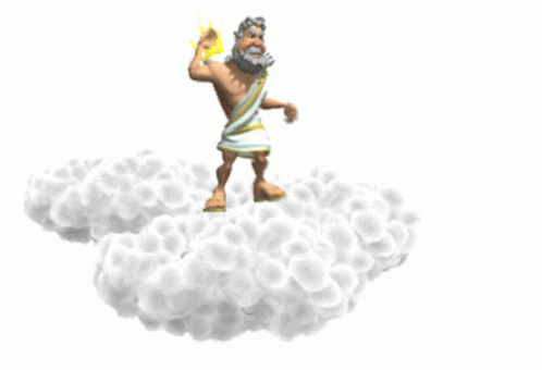 A Cartoon Of A Man Standing On A Cloud With A Torch GIF
