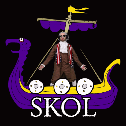 A Cartoon Of A Man Standing On A Purple And Yellow Ship With The Word Skol On It GIF