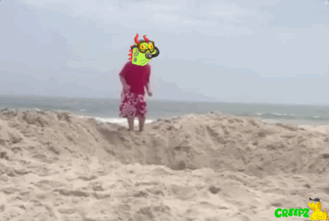 a cartoon of a man standing on a sandy beach with a creepz logo in the corner