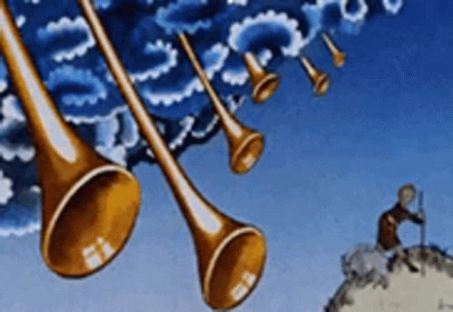 A Cartoon Of A Man Standing On Top Of A Hill With Trumpets Flying In The Sky . GIF