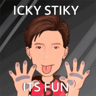 A Cartoon Of A Man Sticking His Tongue Out With The Words Icky Stiky Its Fun Above Him GIF