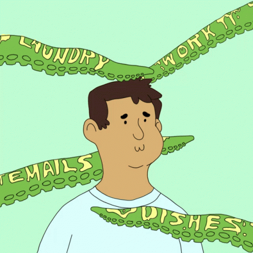 A Cartoon Of A Man Surrounded By Green Tentacles That Say Laundry Work And No Dishes GIF