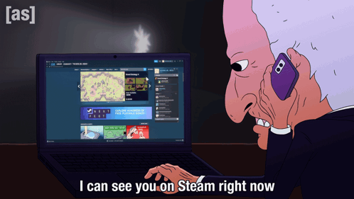 A Cartoon Of A Man Talking On A Cell Phone While Looking At A Laptop Screen That Says I Can See You GIF