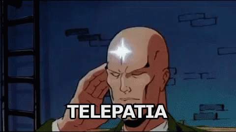 A Cartoon Of A Man Talking On A Cell Phone With A Light Coming Out Of His Head And The Word Telepatia . GIF