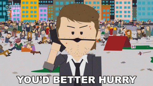 A Cartoon Of A Man Talking On A Cell Phone With The Words You 'D Better Hurry Below Him GIF