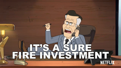 A Cartoon Of A Man Talking On A Phone With The Words " It 'S A Sure Fire Investment " Below Him GIF
