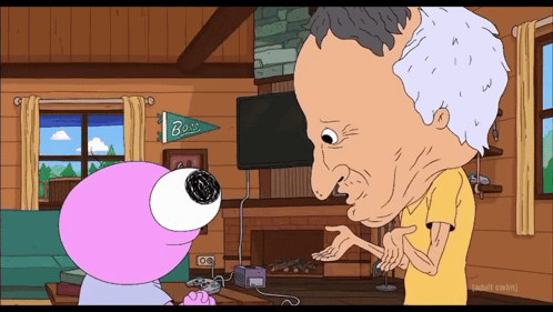 A Cartoon Of A Man Talking To A Pink Cartoon Character With A Banner That Says Bass GIF