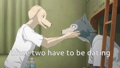 A Cartoon Of A Man Touching A Wolf 'S Face With The Words " These Two Have To Be Dating " GIF