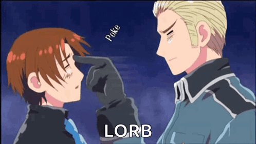 A Cartoon Of A Man Touching Another Man 'S Nose With The Word Lorb On The Bottom Right GIF