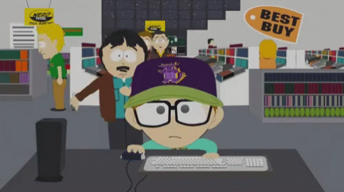A Cartoon Of A Man Using A Computer With A Best Buy Sign Above Him GIF