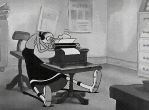 A Cartoon Of A Man Using A Typewriter With A Notice Poster Behind Him GIF
