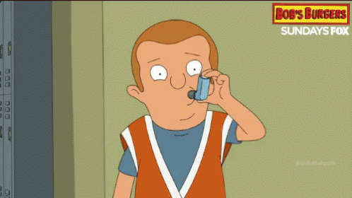 A Cartoon Of A Man Using An Inhaler With A Bob 'S Burgers Sign In The Background GIF