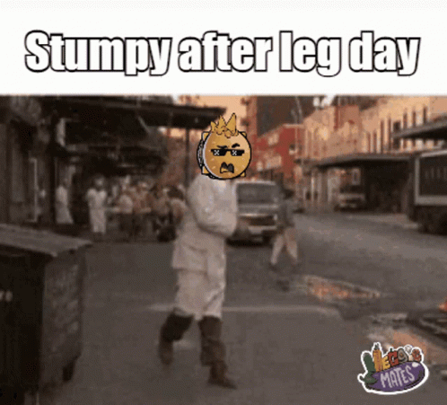 A Cartoon Of A Man Walking Down A Street With The Words Stumpy After Leg Day Below Him GIF