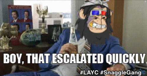 A Cartoon Of A Man Wearing 3D Glasses And A Tie With The Caption " Doy That Escalated Quickly " GIF