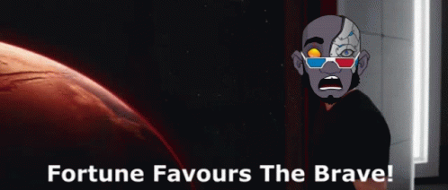 A Cartoon Of A Man Wearing 3D Glasses With The Words Fortune Favours The Brave On The Bottom GIF