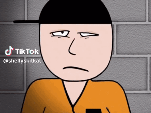 A Cartoon Of A Man Wearing A Black Hat And An Orange Shirt With The Words Tiktok @Shellyskitkat Below Him GIF