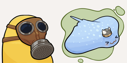 A Cartoon Of A Man Wearing A Gas Mask Next To A Cartoon Of A Fish GIF