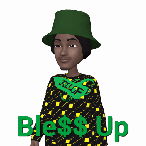 A Cartoon Of A Man Wearing A Green Hat And A Sweater That Says Bless Up On It GIF