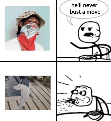 A Cartoon Of A Man Wearing A Hat And A Bandana With The Words He 'Ll Never Bust A Move GIF