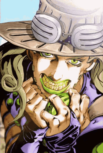 A Cartoon Of A Man Wearing A Hat And Goggles Eating Something GIF
