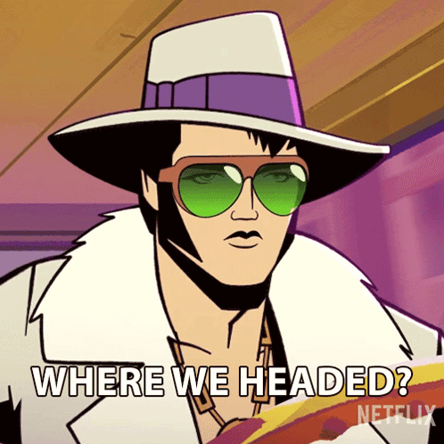 A Cartoon Of A Man Wearing A Hat And Sunglasses Asking Where We Headed GIF