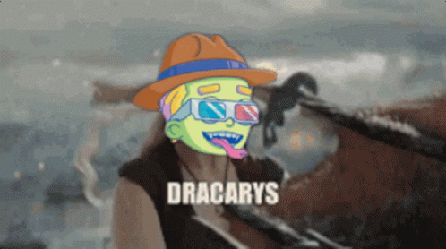 A Cartoon Of A Man Wearing A Hat And Sunglasses With The Word Dracarys On The Bottom GIF