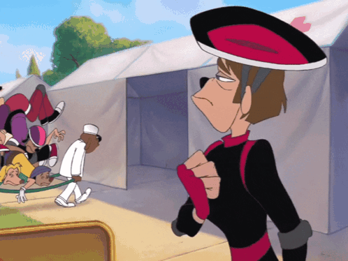 A Cartoon Of A Man Wearing A Hat That Says ' Apple ' On It GIF