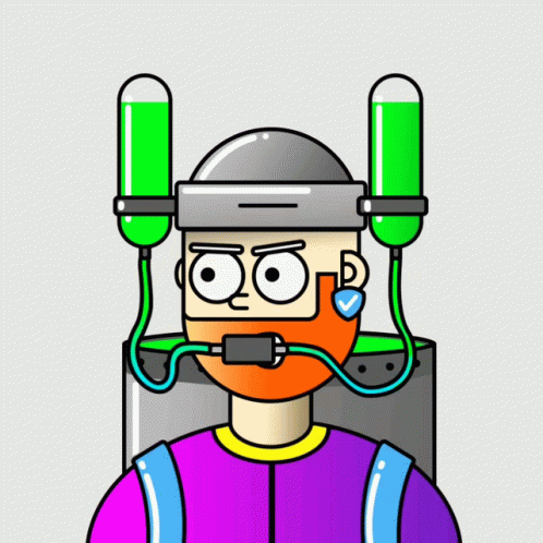 A Cartoon Of A Man Wearing A Helmet With Two Green Tubes Coming Out Of It GIF