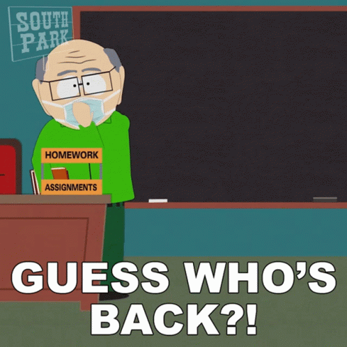 A Cartoon Of A Man Wearing A Mask Holding A Box Of Homework Assignments In Front Of A South Park Sign GIF